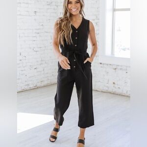 Black Button Down Tie Waist Jumpsuit Size Large